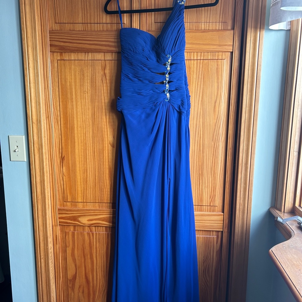 One shoulder blue prom dress
